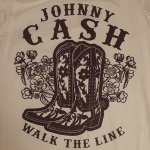 Johnny🎸Cash "WALK THE LINE" White & Black Graphic Tee COTTON Sz S UNISEX